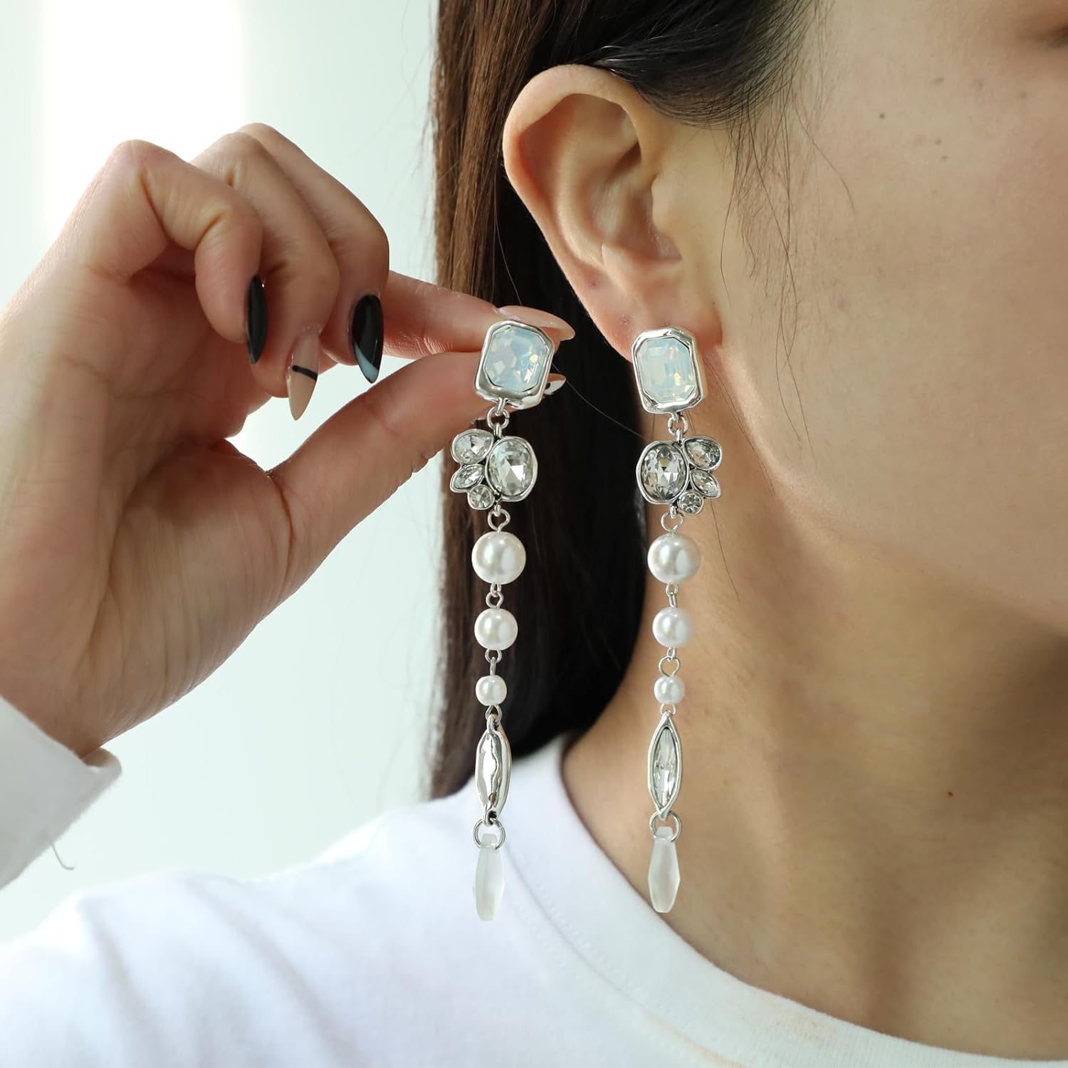 Elegant Pearl Drop Earrings, Silver Tone Crystal Resin and White Pearl Dangle,Vintage Jewelry Gift for Women - Image 4