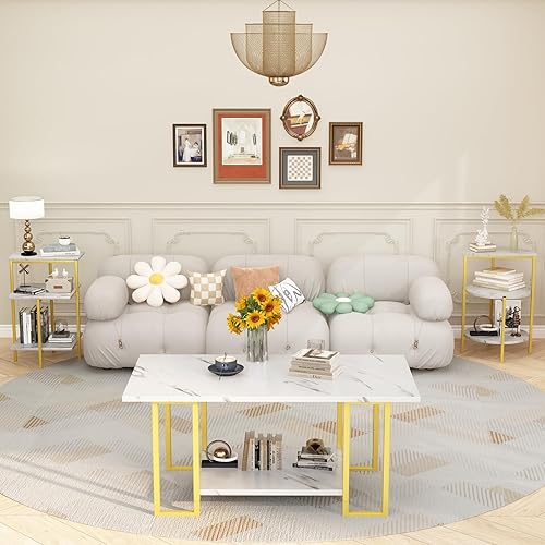 Miniatura 7 de Lamerge Coffee Table Set of 3,Rectangle Coffee Table&2 Accent Table,Faux Marble Tabletop,3 Piece Living Room Table Sets with Multi Tier Storage, for