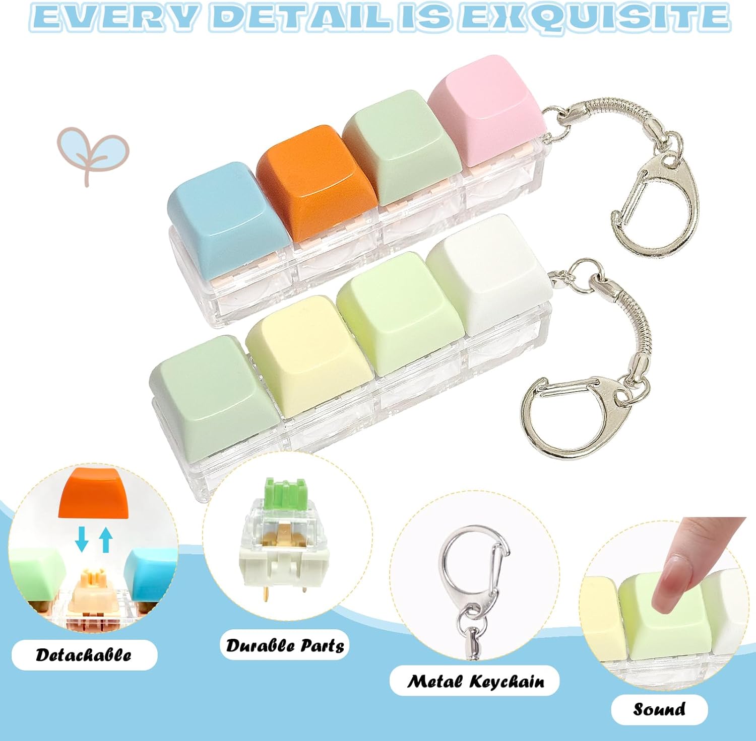 Keyboard Fidget Keychain Set - Silent & Clicky Switchable Key Clicker Toys, Portable Stress Relief Keychains for Adults, Mini Detachable Mechanical Button Gift for Birthday, 2Pcs - 4 in 1