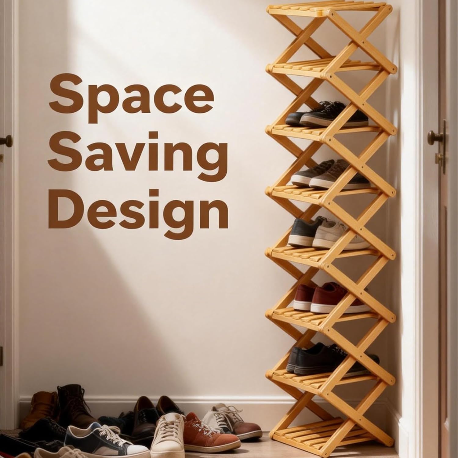 2/3/4/5/6/7/8/9 Tier Bamboo Folding Shoe Rack,2026 New Bamboo Foldable Shoe Rack,no Installation Required,Vertical Multi-Layered Organizer,Space-Saving for Entryways& Balconies (Primary Color, 7)