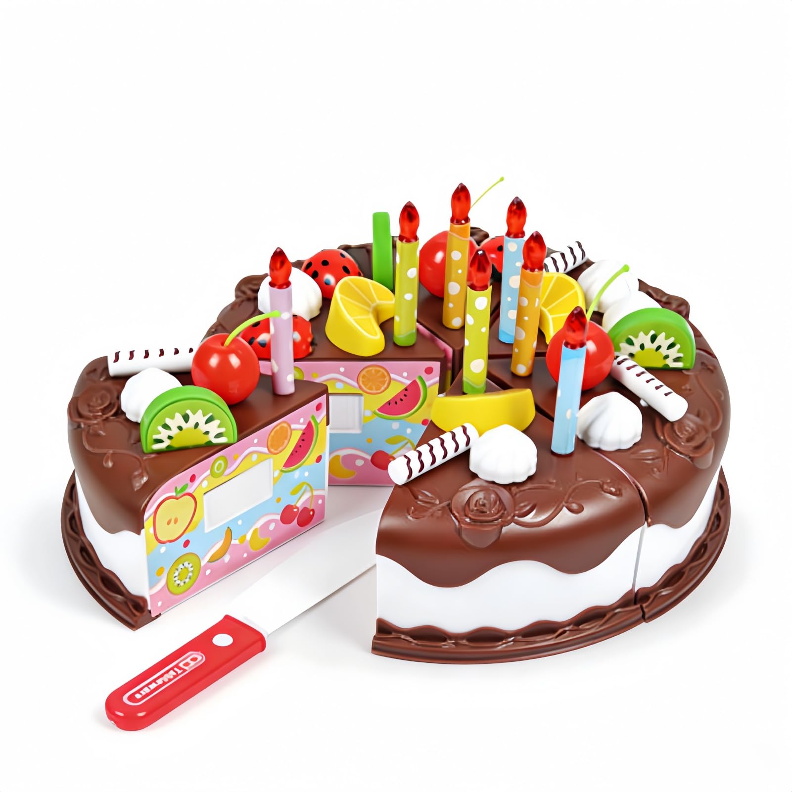 MENDUNER Kids Birthday Cake Pretend Play Toy with Fruitcake Sticker for Hands-on Brain Exercise, for Children Above 3 Years Old, Pink Plastic Material ([Chocolate] 37-piece set/express box 190g)