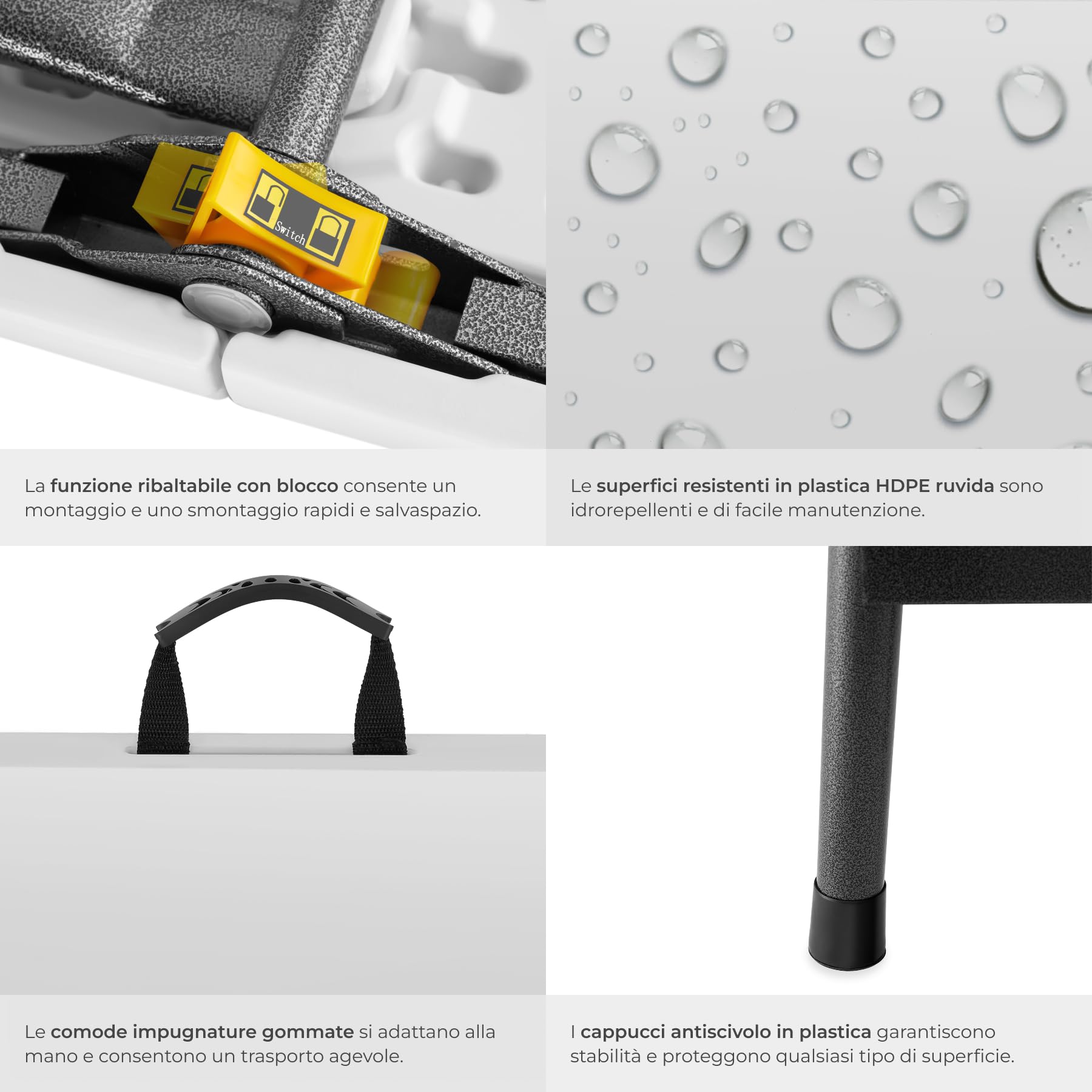 tectake® Set Tavolo da esterno e 2 Panche Pieghevoli, Set Tavolo Pieghevole da Campeggio e 2x Panca da Esterno, Ripiegabile a forma di Valigia, Blocco di sicurezza, Struttura in Acciaio - Bianco