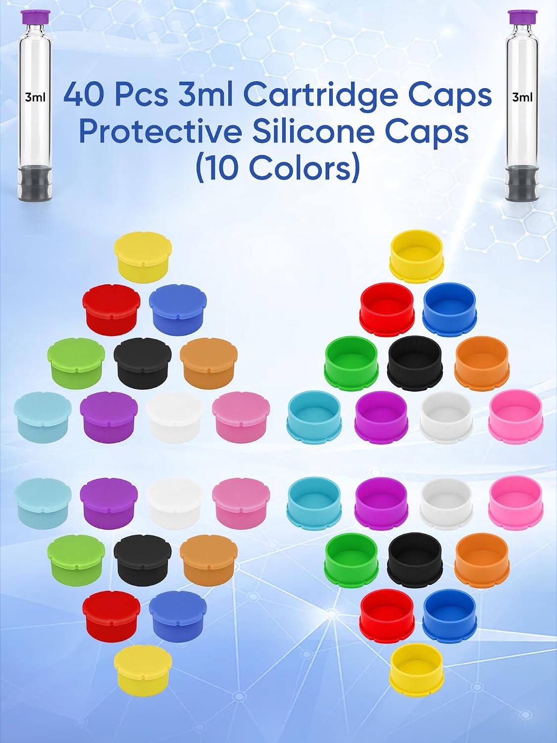 3ML Cartridge Caps, Fit to 3ML Cartridge for Peptide Pen,40PCS -10 Colors