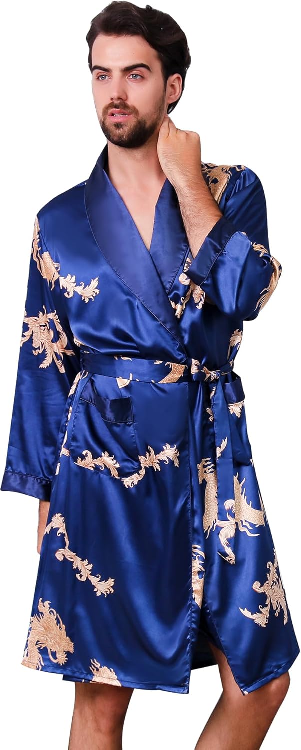 Haseil Men's Satin Robe Dragon Luxurious Silk Spa Long Sleeve House Kimono Bathrobe - Image 2