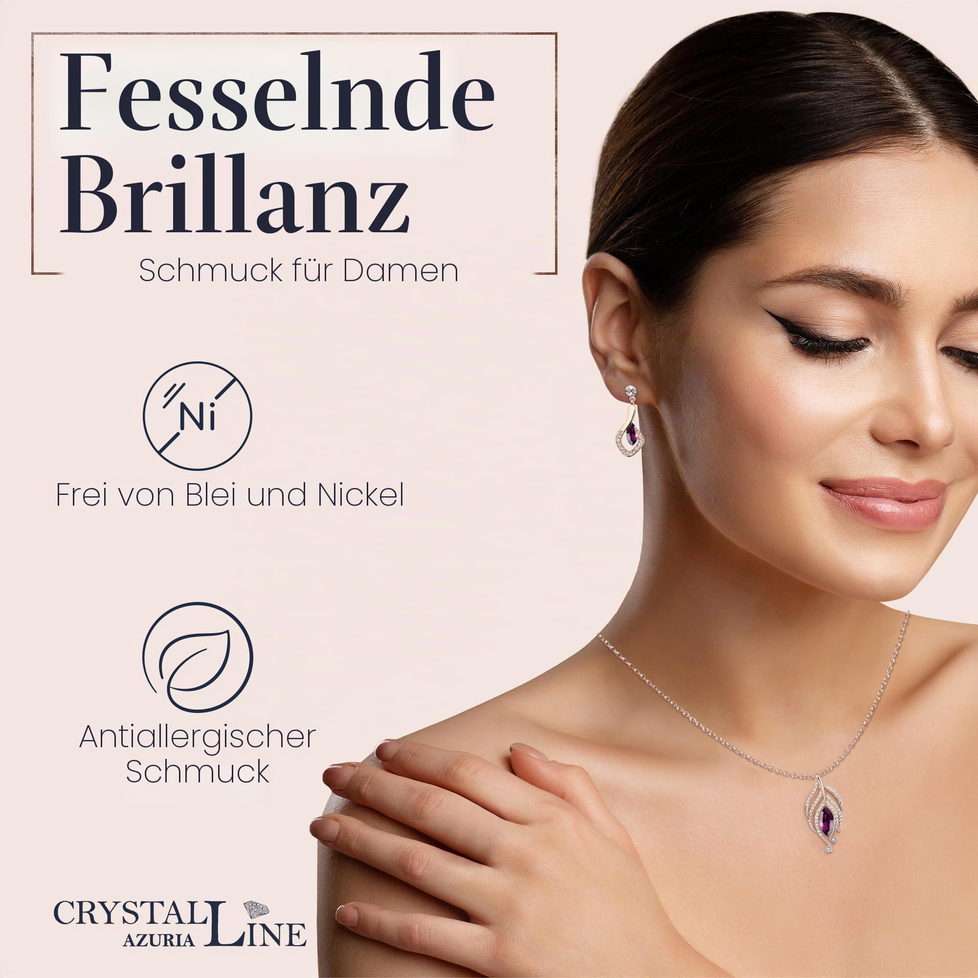 Crystalline Azuria Kristalle Simulierter Amethyst Schmuck-Set Halskette Anhänger 45 cm Ohrringe 18 kt Rosé Vergoldet für Damen