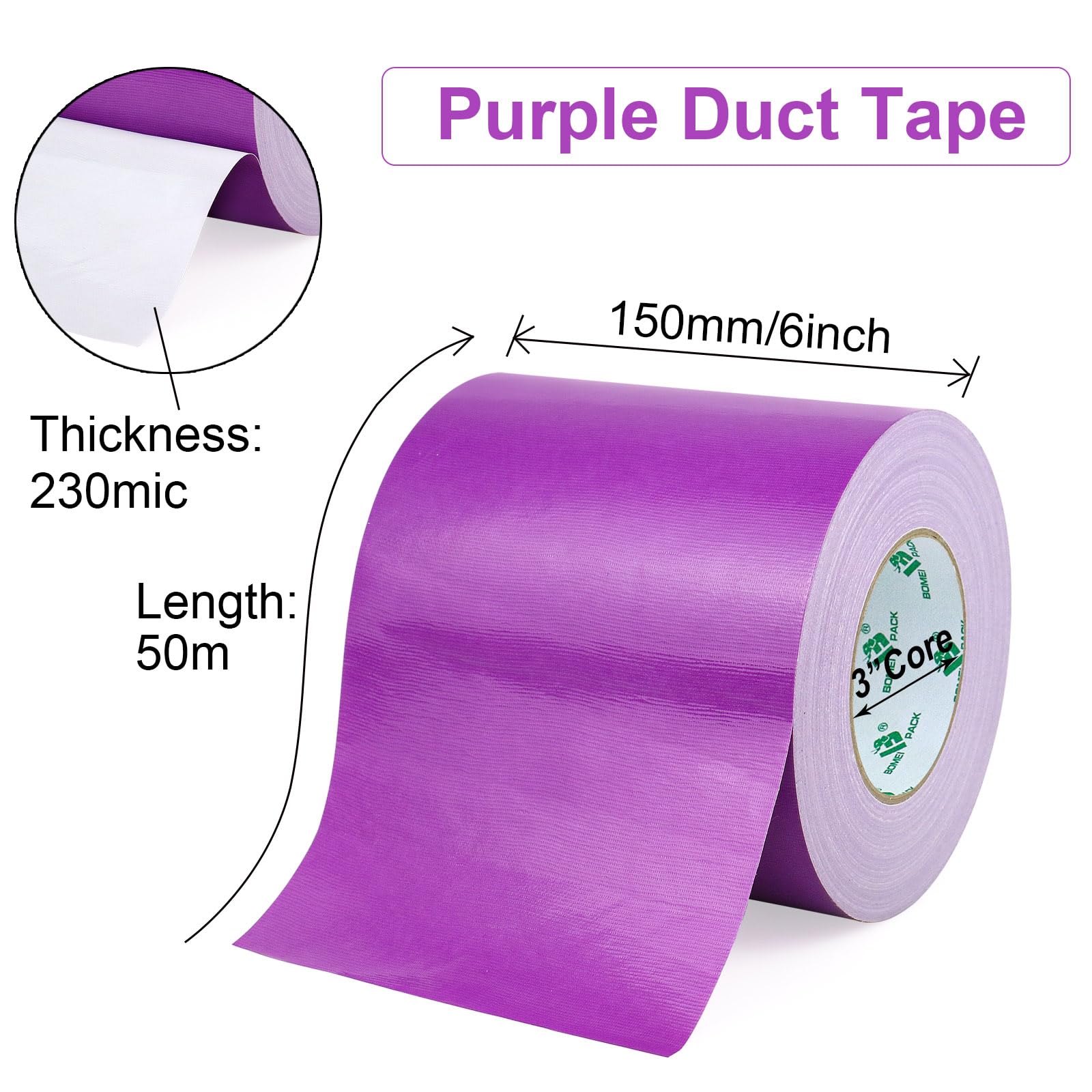 BOMEI PACK Cinta adhesiva de tela morada de 150 mm x 50 m, reforzada, resistente al agua, cinta adhesiva resistente para fijar reparaciones, cajas de etiquetado de manualidades, sellado y flejes para