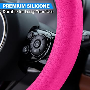 Spurtar Hot Pink Car Steering Wheel Cover Women, Hot Pink Car Accessories Cute Soft Silicone Leather Texture Steering Wheel Protector, Fit Diamenter 15 - 16.5