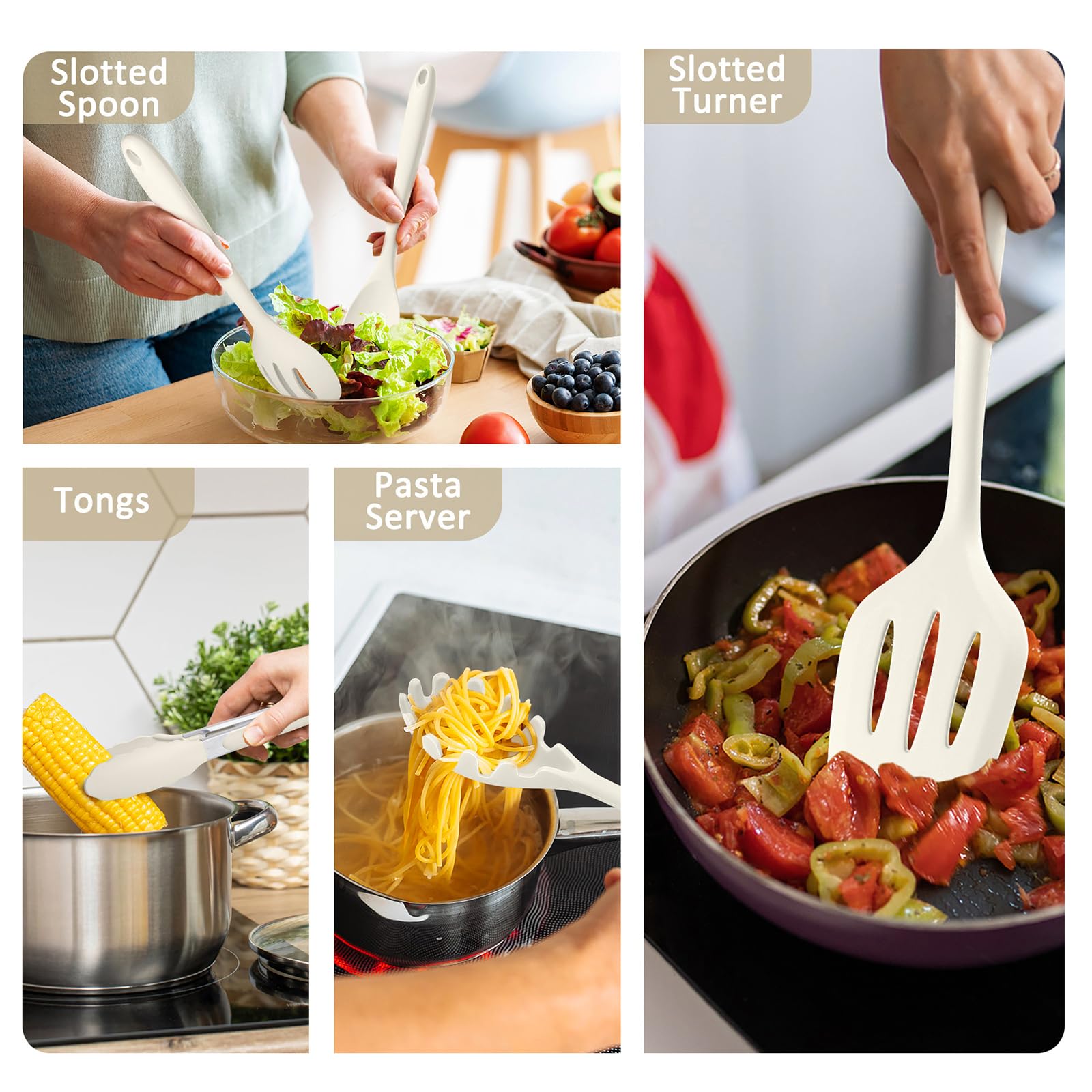 Leonyo Küchenutensilien-Set zum Kochen, Silikon-Kochutensilien-Set, 230 °C, hitzebeständiges Silikon-Küchenwerkzeug mit Pfannenwender, Servierlöffel, Schneebesen für Antihaft-Kochgeschirr, Weiß, 10