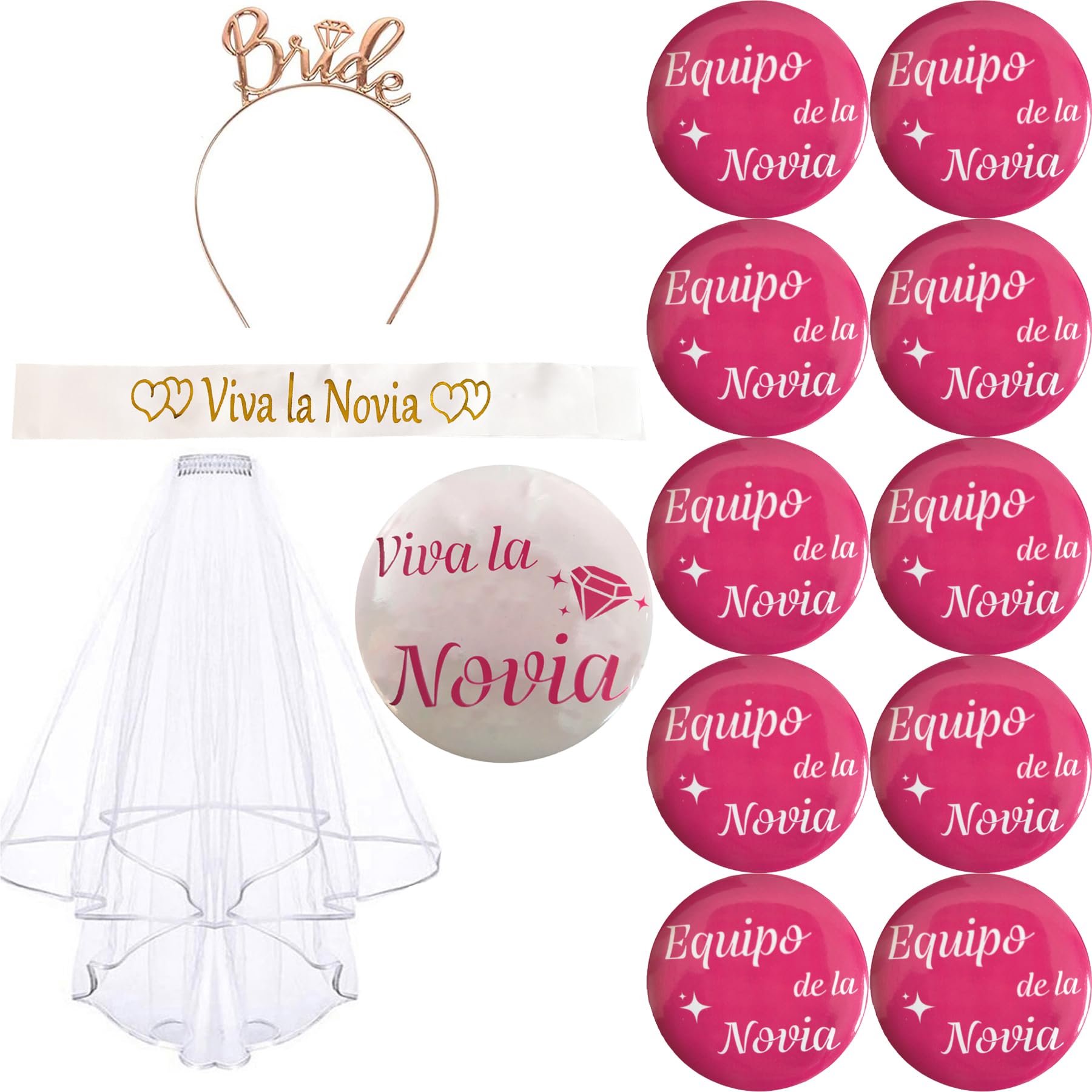 14 Pcs Set Despedida de Soltera Decoración Accessorios Despedida de Soltera Banda Viva la Novia Insignia Novia Broche Equipo de la novia Velo Nupcial Diadema Tiara Bride to Be Adorno Hen Night