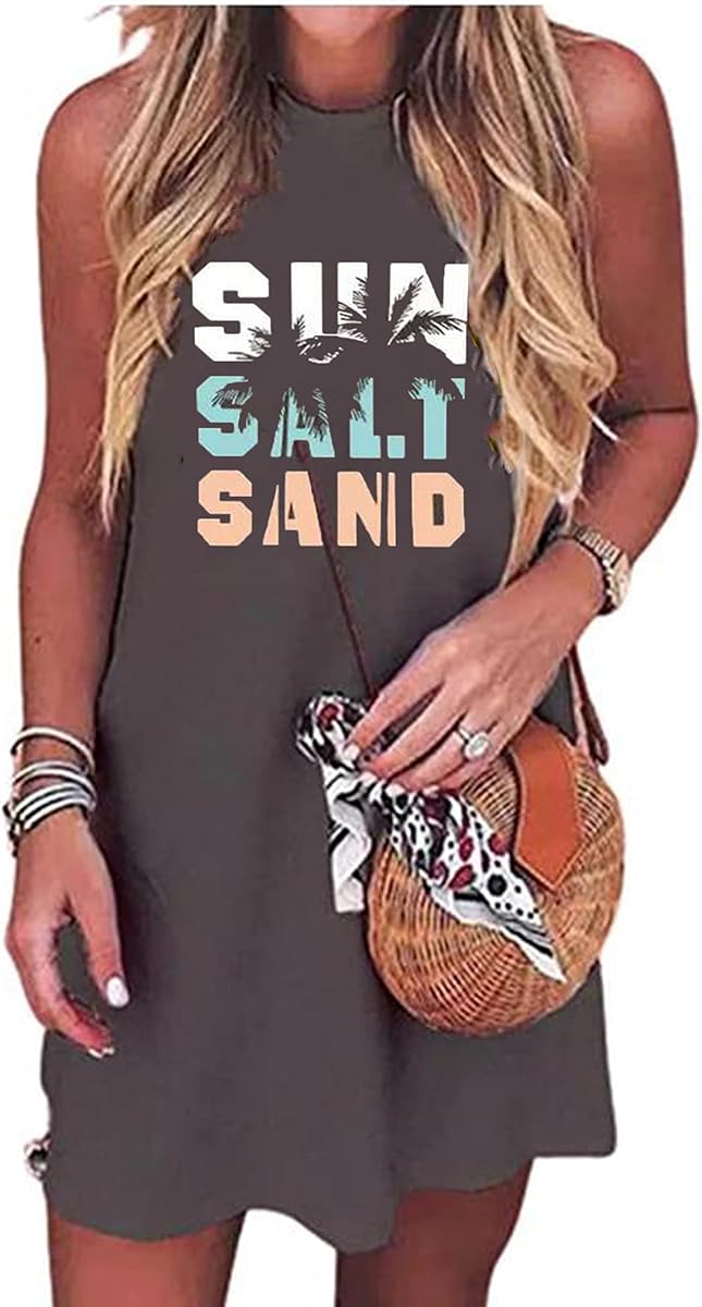 Mini vestido sin mangas con diseño de árbol de coco y arena y sol para mujer, vestido informal de verano para vacaciones en la playa, vestido sin mangas para entrenamiento