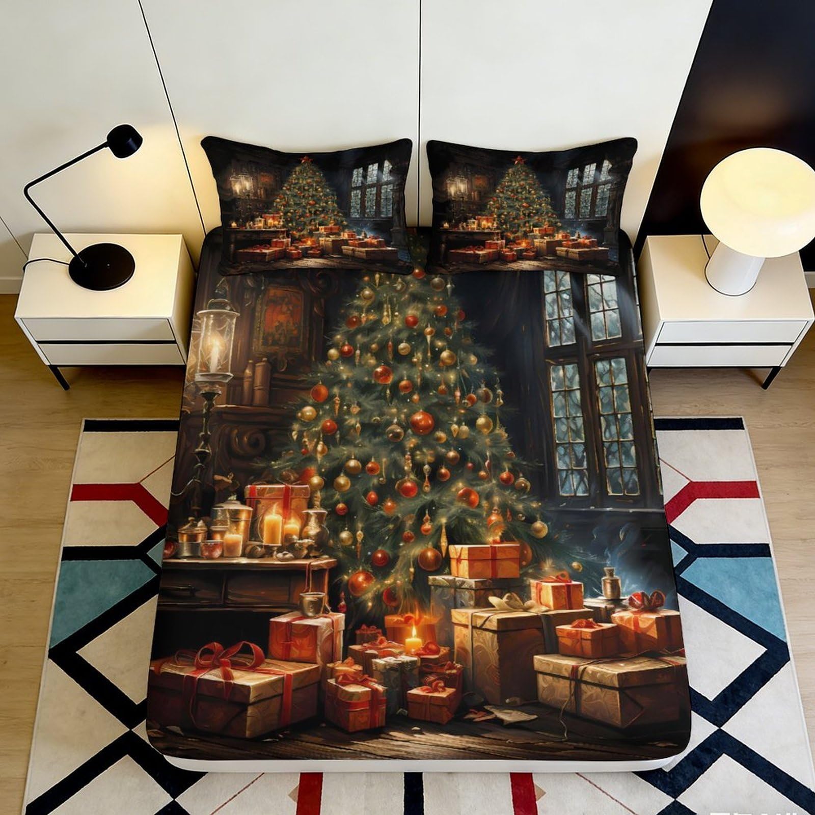 3D Printed Christmas Tree Fitted Sheet Microfiber Soft Breathable Mattress Cover for Bedroom Dormitory Guest Room Decor Protection 200x200x25cm