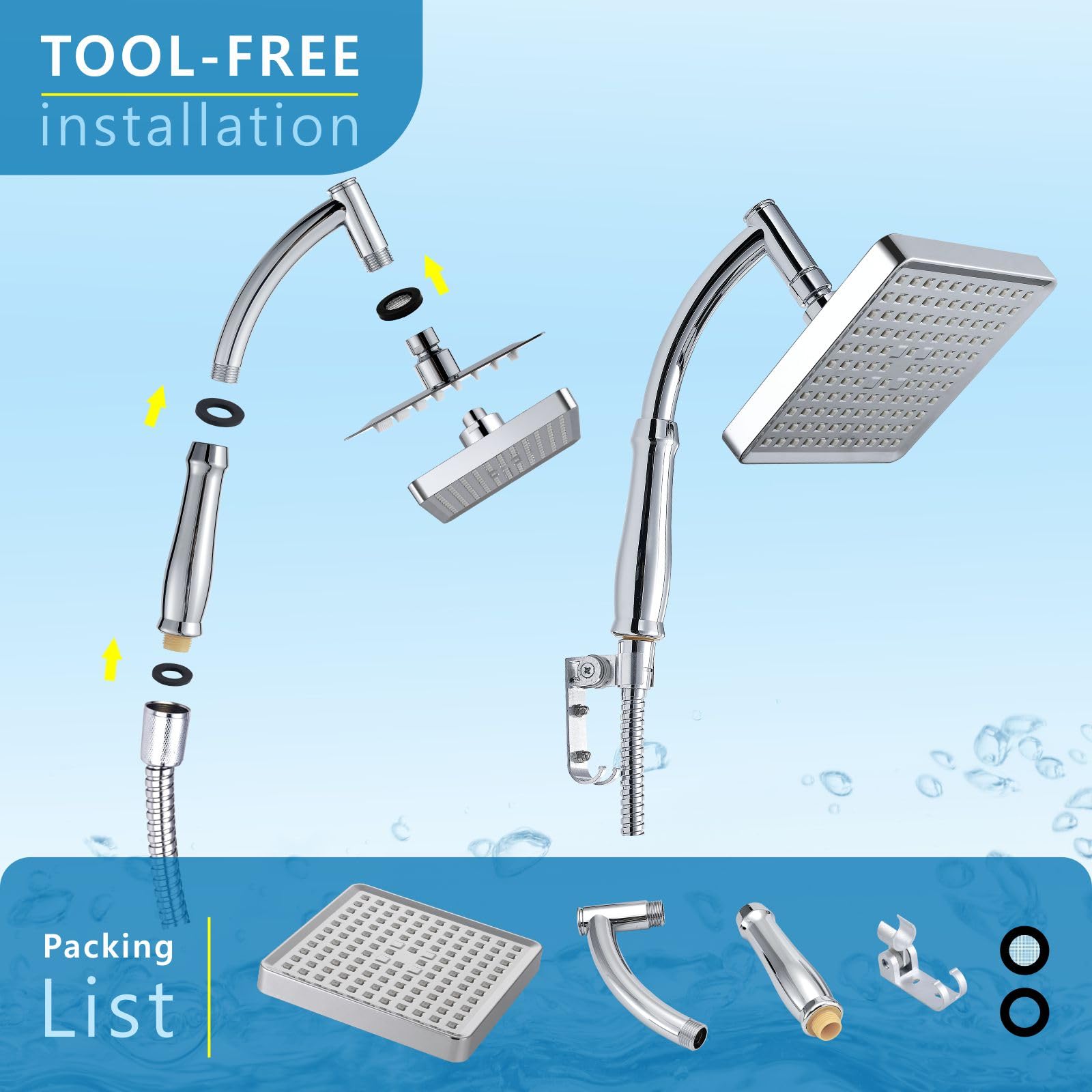 Cabezal de Ducha Voolan Rain con Brazo de Ducha de Mano, Ducha de Mano de Alta Presión Cromada, Cabezal de Ducha Cuadrado de 15cm con Brazo Extensible y Kits de Soportes.