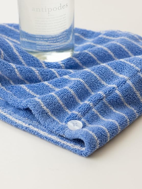 WENSHUO Azure Striped Hair Towel Button Fasten,100% Combed Cotton,Absorbent