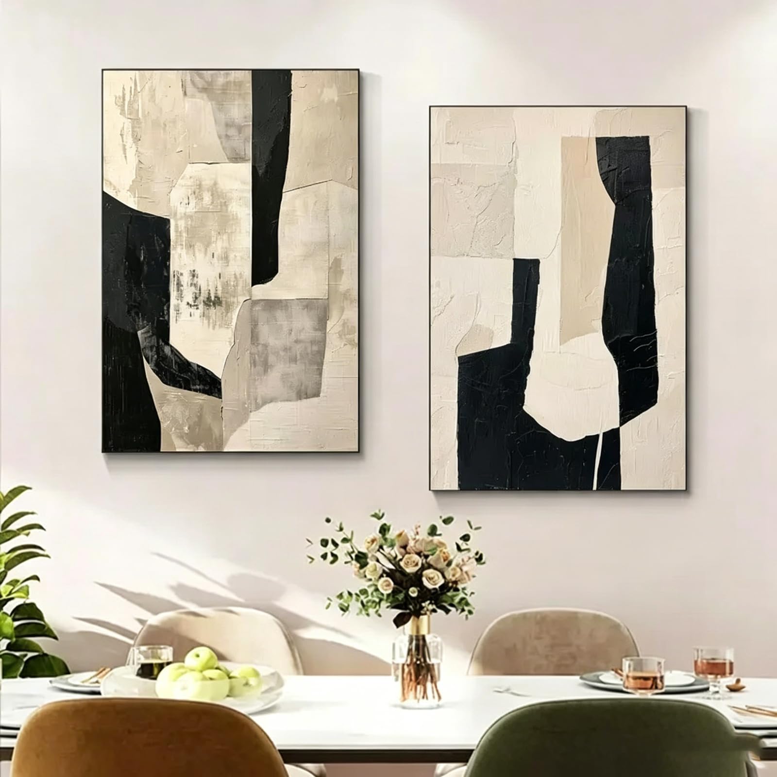 ZBELLO Set of 2 Posters, Black and Beige Geometric Abstract Canvas Prints, Modern Minimalist Neutral Art Prints for The Living Room, Bedroom and Home Decor, Unframed (30x40cm)