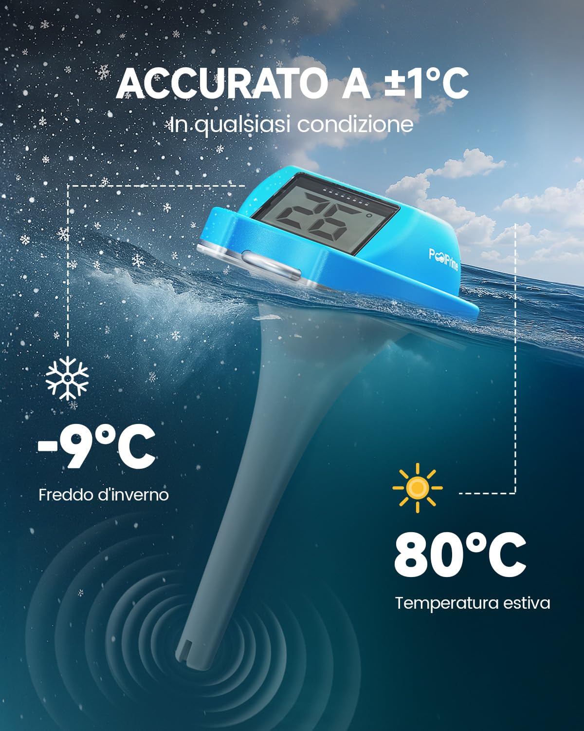 Termometro Piscina a Doppio Schermo, Lettura Facile, Termometro Per Piscina Galleggiante con Display Digitale, Impermeabile IPX7 per Vasche Idromassaggio, Vasche Fredde e Piscine（blu）