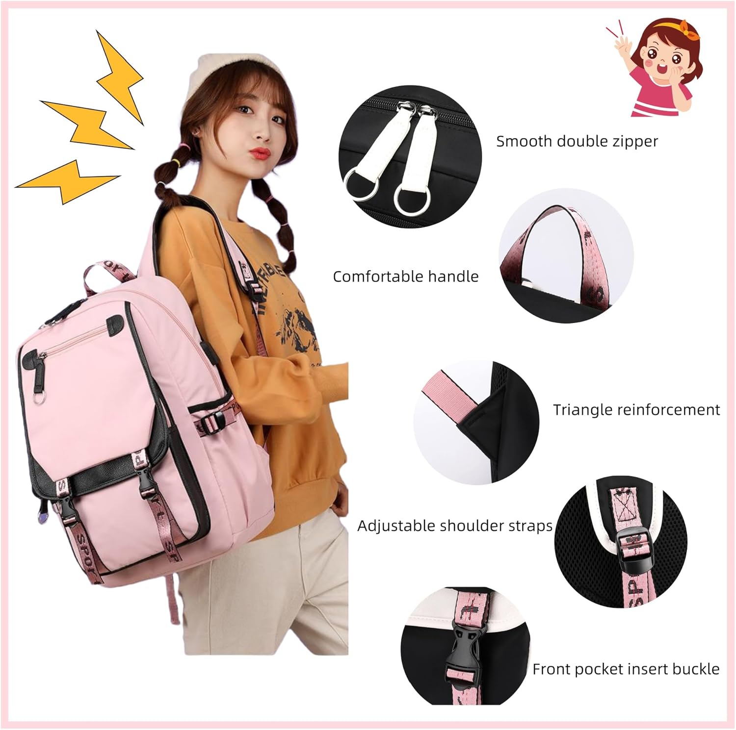 Girls Backpack Color-blocking Schoolbags for Girls Lightweight Bookbag Middle-School Elementary Backpack 20L - Image 5