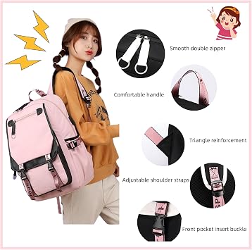ZHANAO School Backpack for Girls Color-block School Bag with Lunch Box Pencil Case Set 3PCS Girls Backpack for School Kids Bookbag with USB Charging Port, Black+Pink, Modern