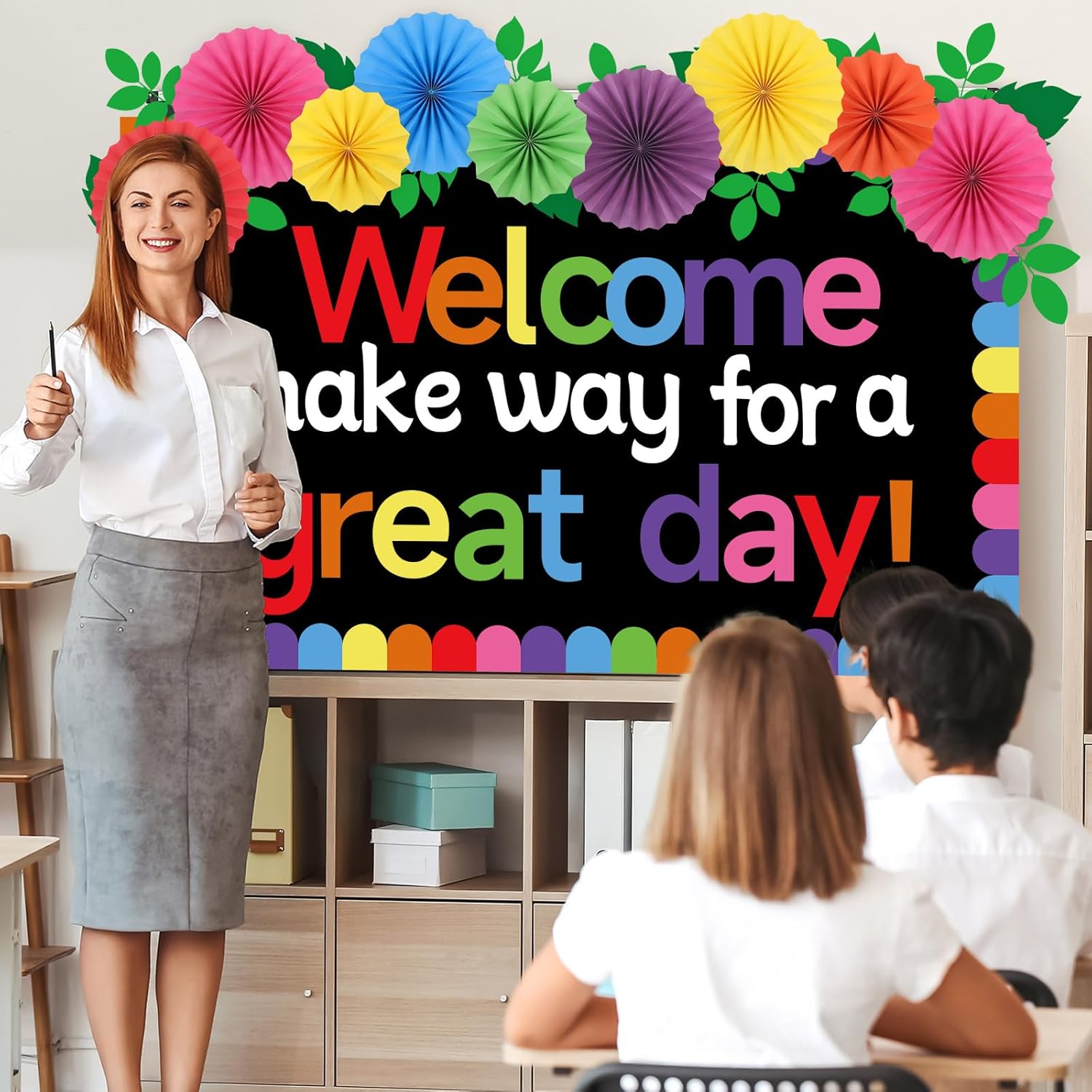 Classroom Bulletin Board Decorations with 3D Paper Fans Inspirational Welcome, Make Way for a Great Day Bulletin Board Set for Back to School Motivational Office Home Wall Door Chalkboard Decor