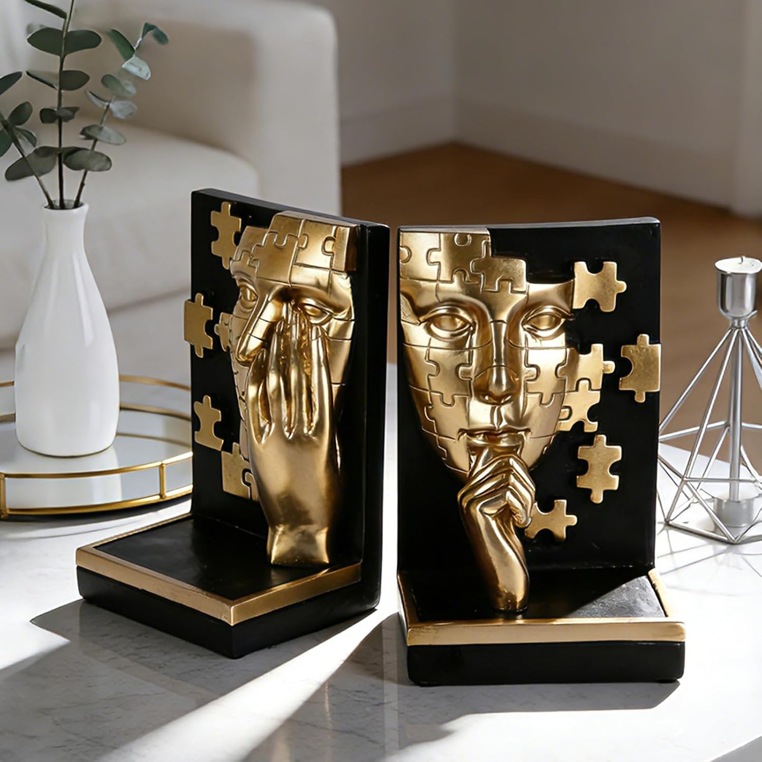 Gold Abstract Face Bookends Set,Modern Thinker Bookshelf Decorative Bookends,Cool Black Gold with Puzzle Design,for Shelves, Desk & Home Office Decor Accessories