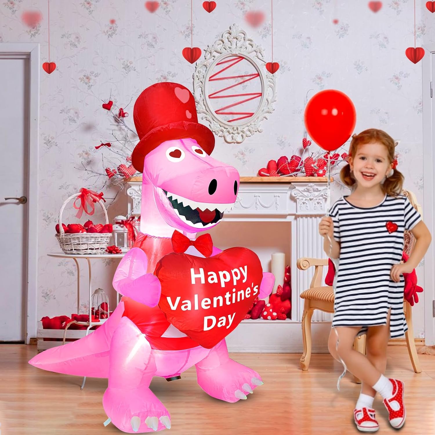 TURNMEON 4 Foot Valentine's Day Inflatable Dinosaur Outdoor Decoration Blow Up Dinosaur Holds Heart LED Lighted Valentines Day Decoration for Yard Garden Lawn Wedding Holiday Party Indoor Outdoor Home