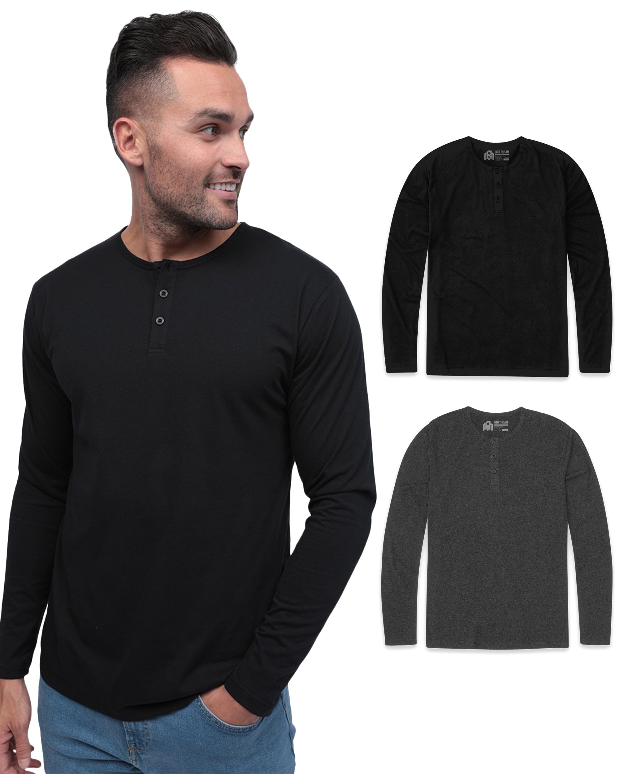 INTO THE AM Long Sleeve Henley Shirts for Men S - 4XL Casual Lightweight Fitted Longsleeve