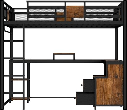 Bellemave Queen Loft Bed with L-Shaped Desk and Storage Drawers, Queen Size Loft Bed Frame with Computer Monitor Stand, Corner Shelf and Hanger Rod, Adults Loft Beds Nosie-Free, Black