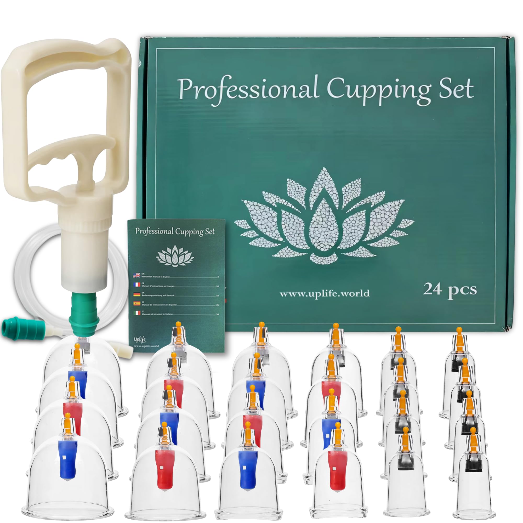 Uplife Set Coppettazione con 24 Coppette Massaggio Schiena - Per Cupping Therapy, Vacuum Terapia. Ventosa per Trattamento Cellulite e Sollievo dai Dolori Muscolari