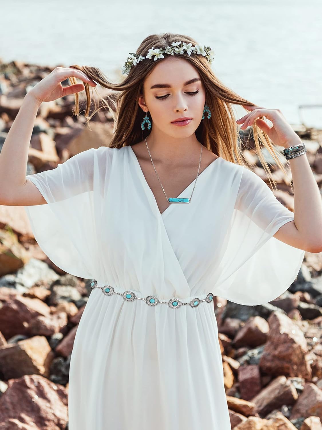 Nosiny 4 Pcs Bohemian Jewelry Turquoise Set for Women Western Turquoise Set Waist Belt Vintage Drop Earring and Necklace Boho Wrap Bracelet - Image 2