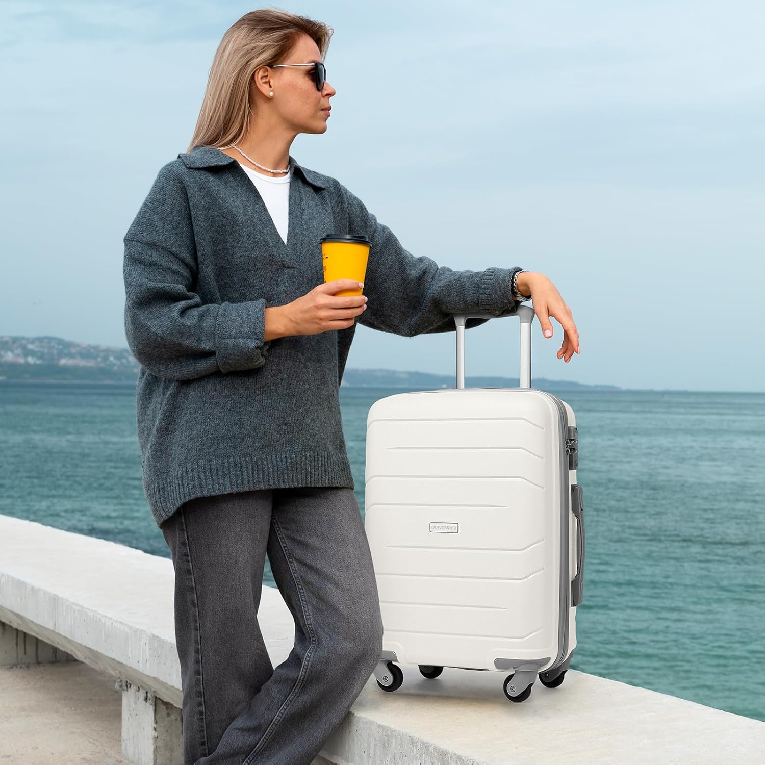 LARVENDER 3-Piece Carry On Luggage Set for Women,Hard Shell Suitcase 20Inch Carry On Luggage 22x14x9 Airline Approved, Spinner Wheel and TSA Lock（White 20Inch/DB/TB） - Image 2