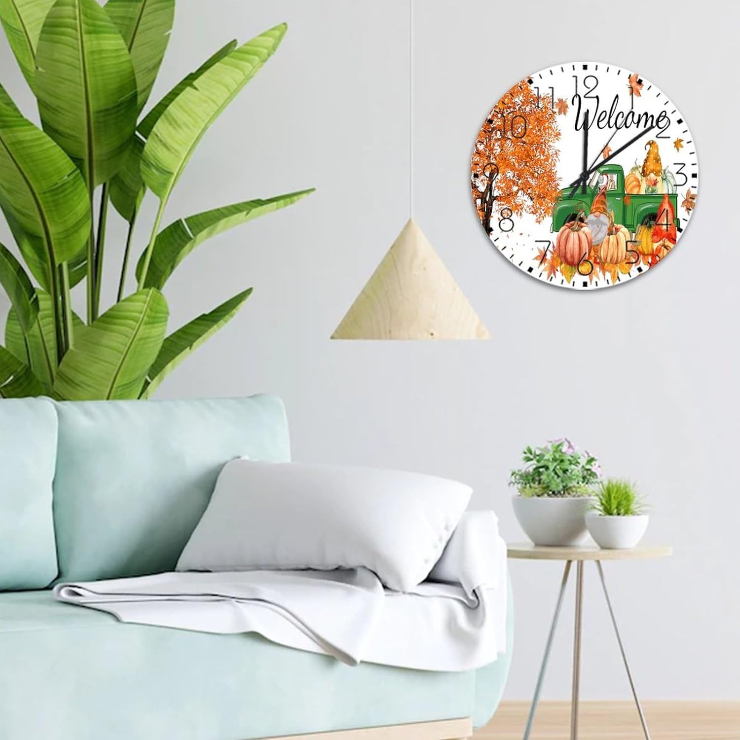 12 Inch Silent Non-Ticking Wall Clocks Battery Operated Seasonal Welcome Fall Home Decor for Bathroom Gnome Pumpkin Buffalo Plaid Fall Decorative Round Wooden Wall Clock Rustic for Porch New Home