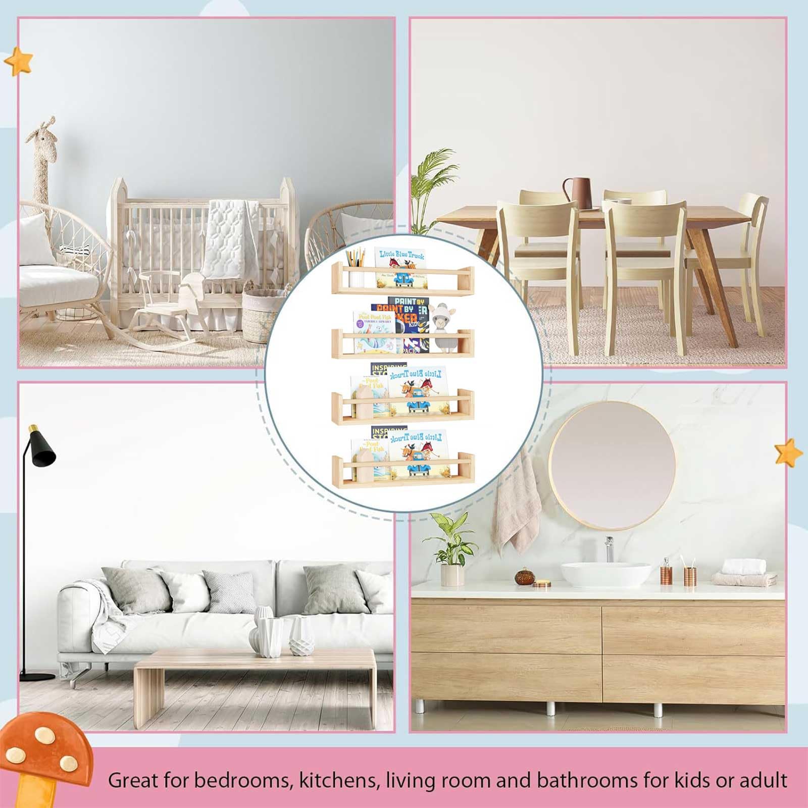 Libreria sospesa parete legno massiccio 41,5 cm set 3 pezzi per cameretta bambini