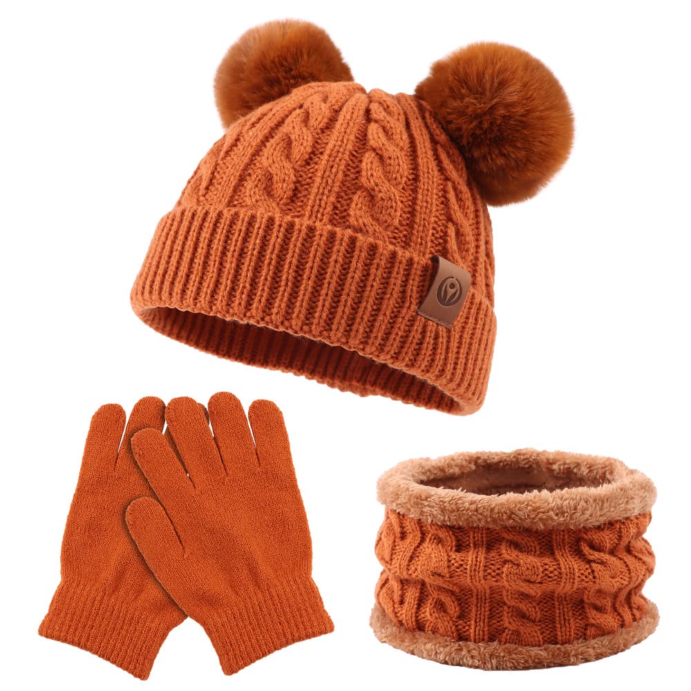 Yuoahcn Kids Winter Beanie Hat Scarf Gloves Set Knit Warm Toddler Winter Cap Gloves Neck Warmer for Boys Girls 1-8 Year