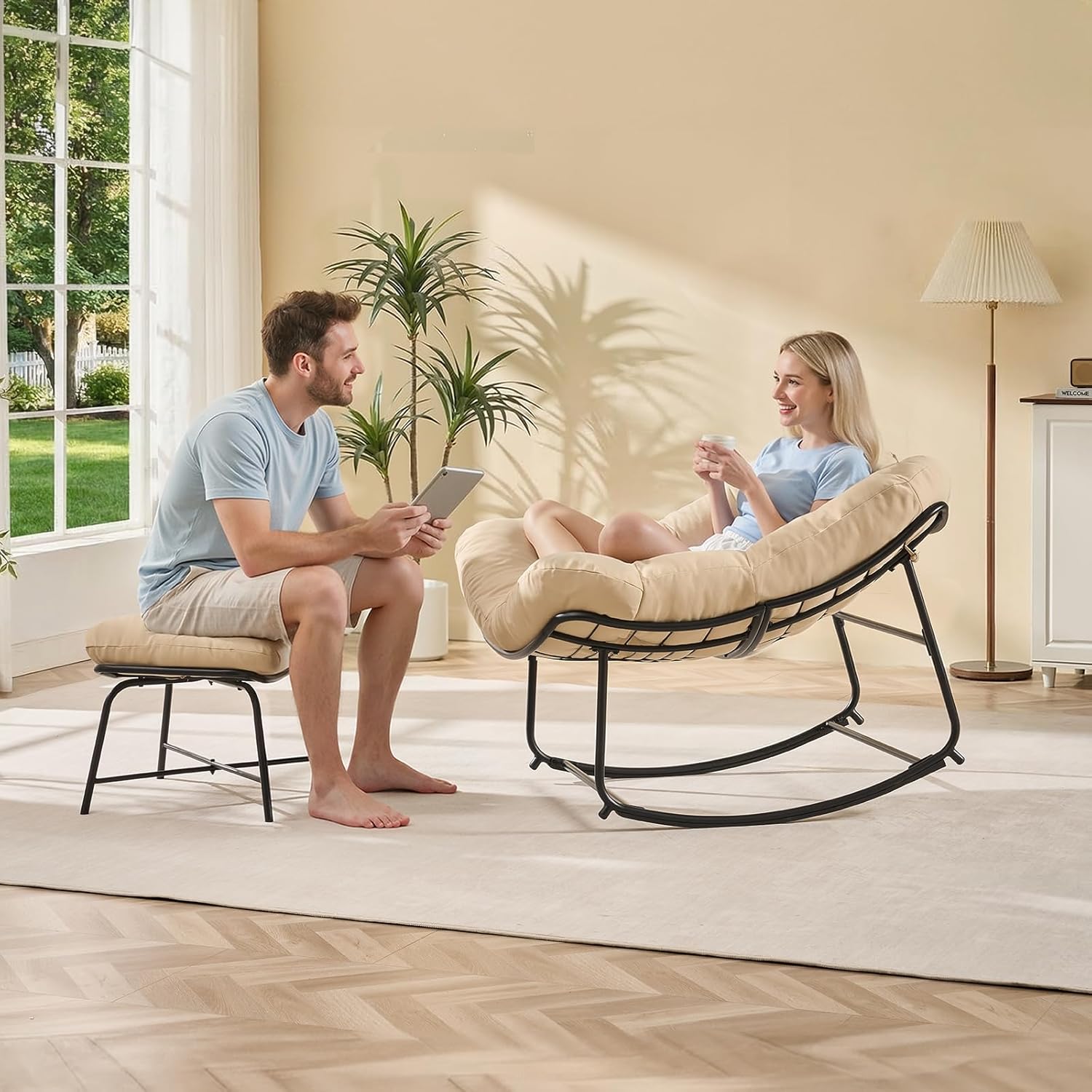 ONBRILL Outdoor Rocking Chairs with Ottoman, Papasan Rocking Chair with Padded Cushions, Oversized Patio Lounge Rocker for Living Room, Porch, Patio, Garden, Beige