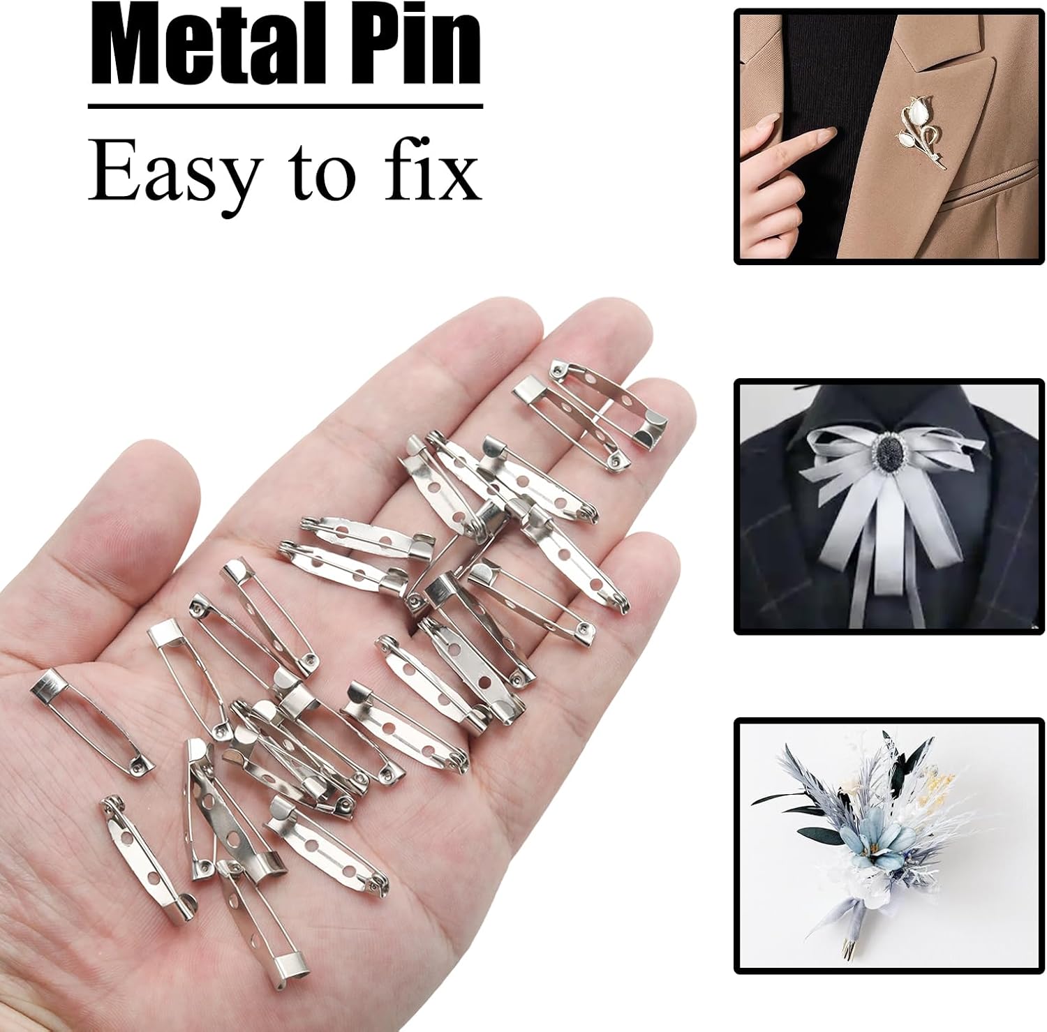 50 Pcs Brooch Pins 1 Inch Silver Pin Backing for Crafts Secure Back Clasp with Holes