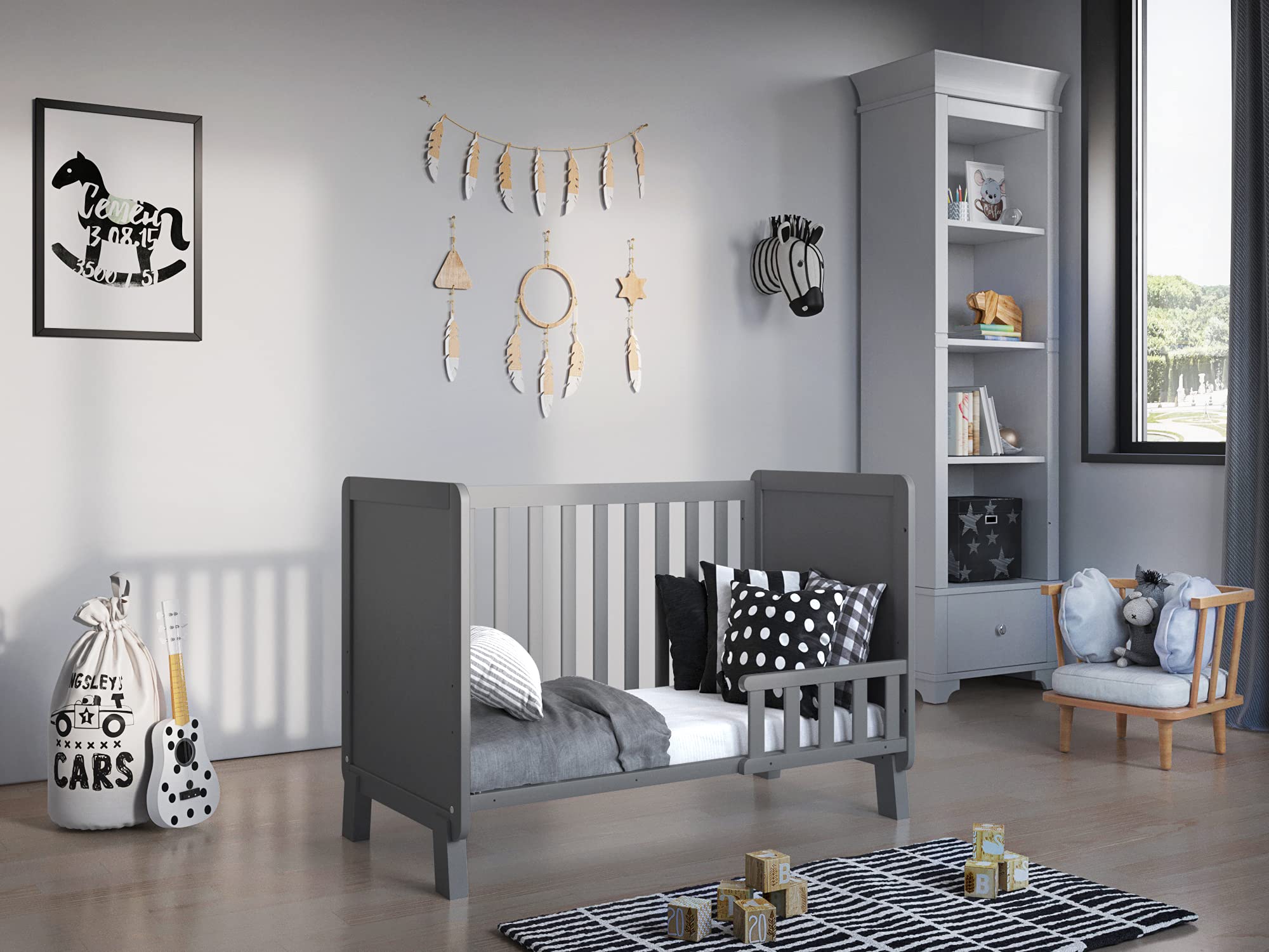 Love For Sleep Lettino Neonato Culla Neonato 120x60 cm in Legno di Pino Grigio con Barriera di Sicurezza – Lettino Trasformabile per Bambino 0-3 Anni