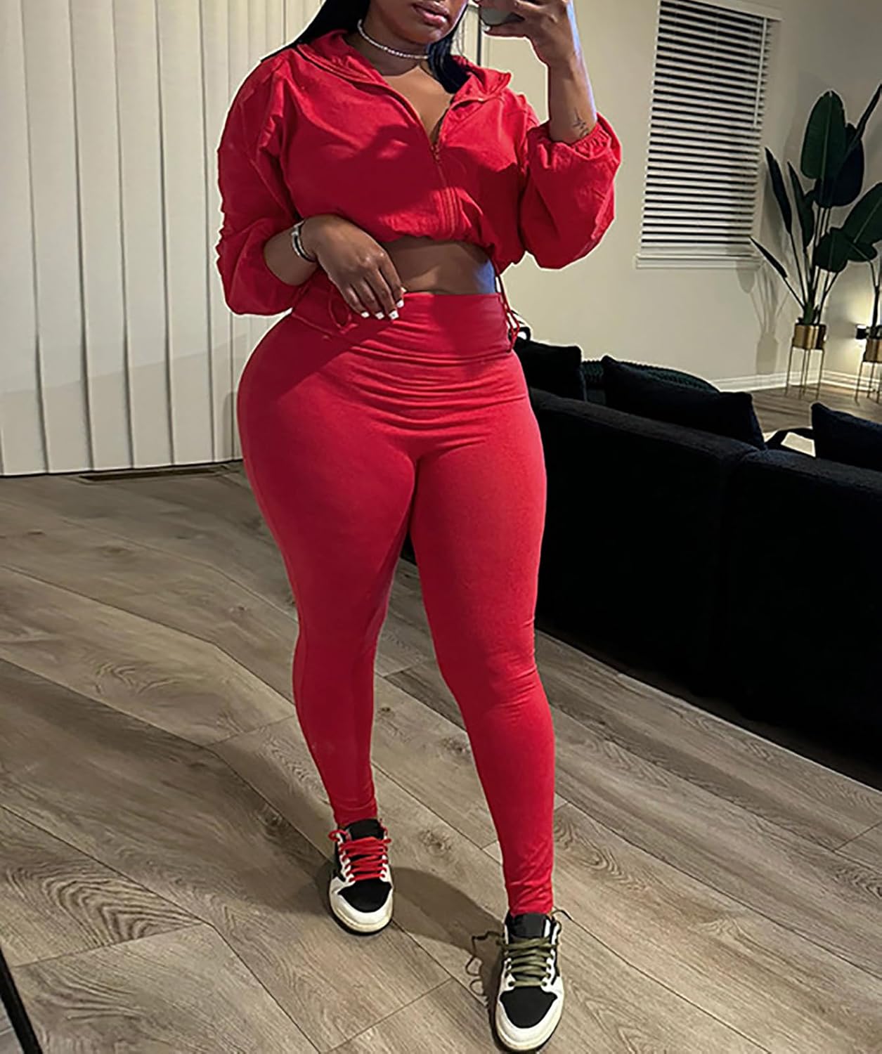 Ophestin Women 2 Piece Outfits Workout Sets Long Sleeve Zip Up Crop Jacket Bodycon Pant Tracksuit Jogging Suit - Image 3