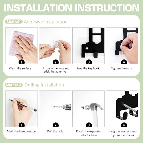 Miniatura 7 de Soporte de pared para llaves, soporte de metal negro, organizador adhesivo para llaves con 10 ganchos para llaves, decorativo de pared para entrada,