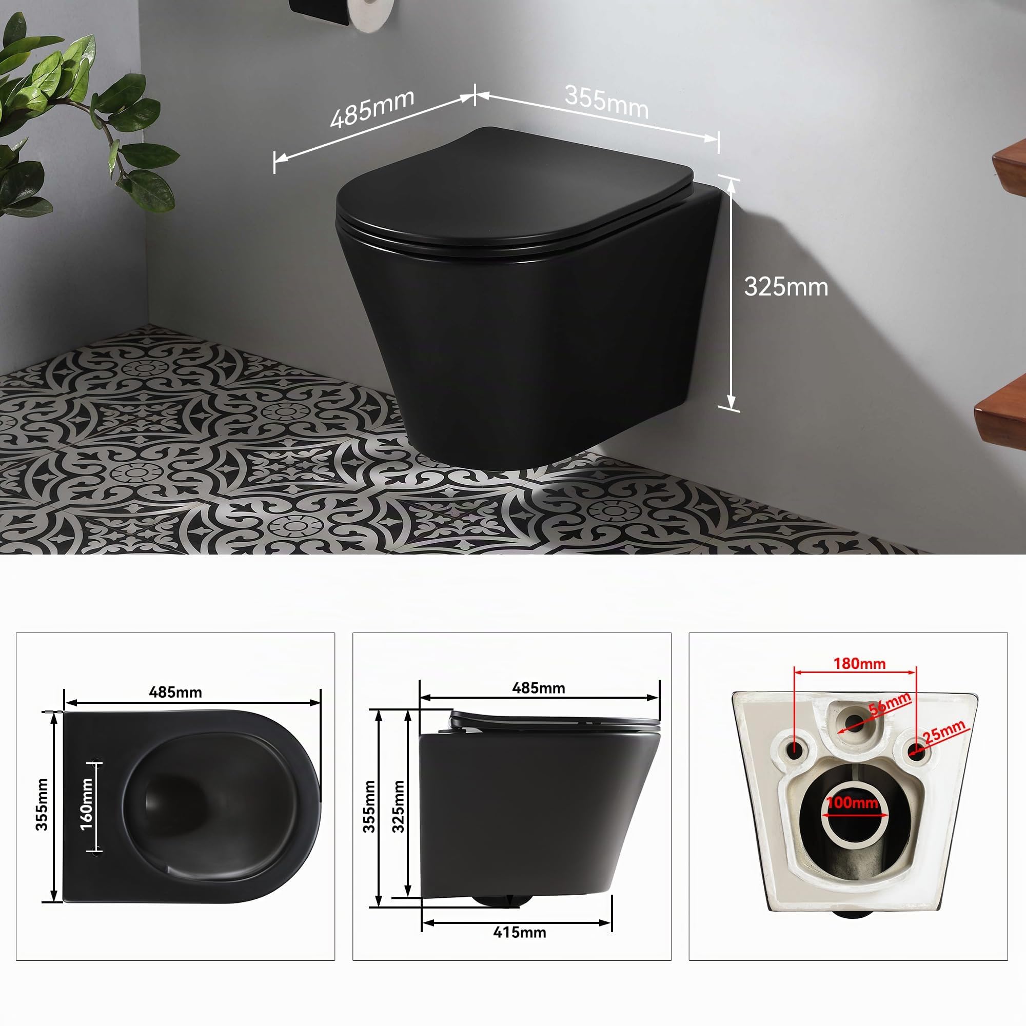 HOROW Hänge WC Spülrandlos Wassersparendes Wand WC Mattschwarz 48cm Lang | Nano-Keramik, WC Sitz mit Absenkautomatik, Kloschüssel für Gäste Bad, Effiziente und Geräuscharme Spülung, Standardanschluss