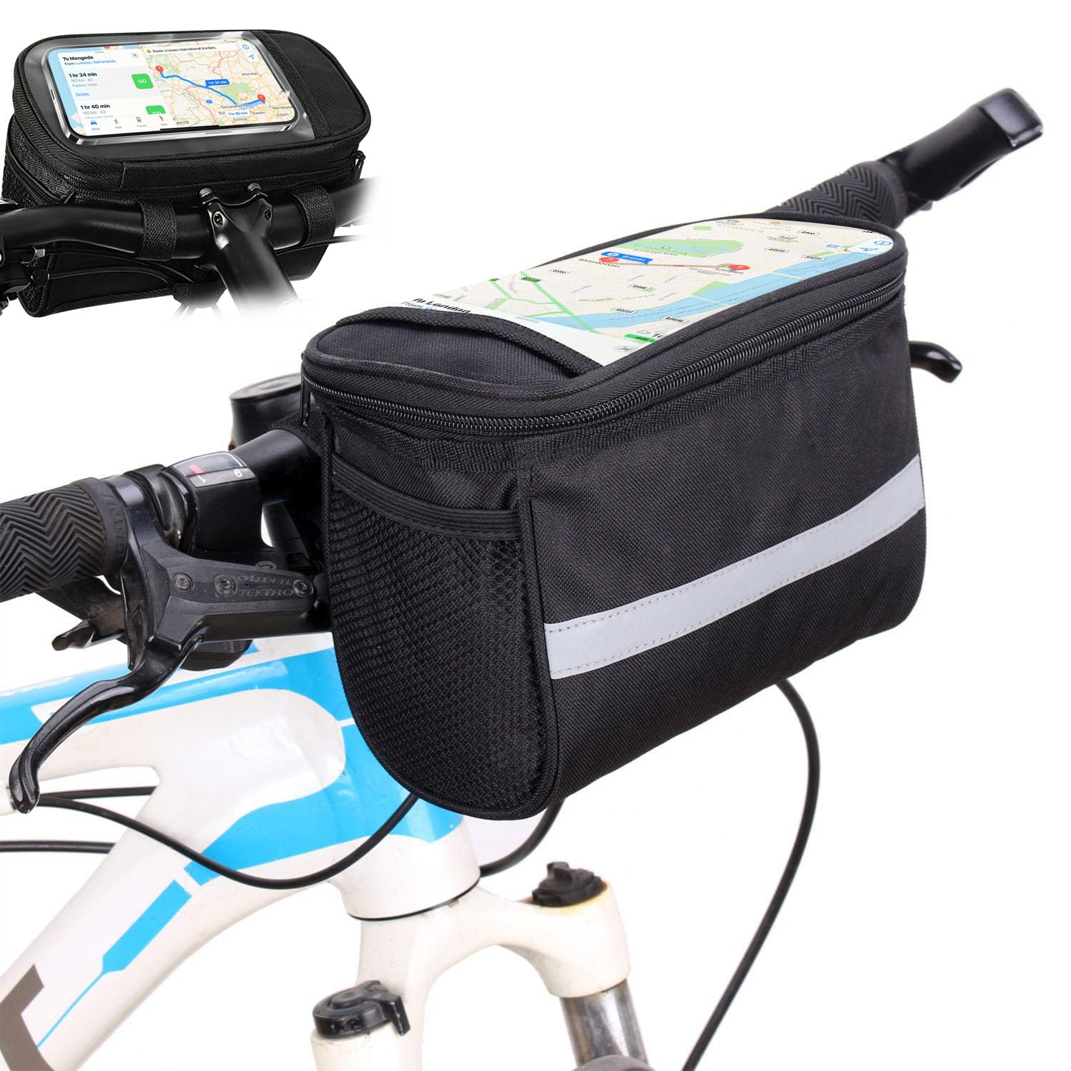 Cycling Handlebar Bag: Bicycle Handlebar Bag with Phone Holder, Black