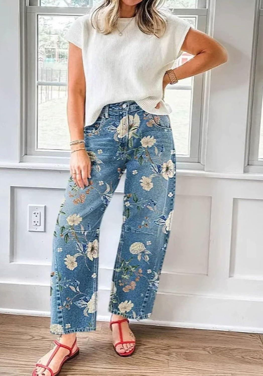 loveimgs Women Boyfriend Floral Print Baggy Barrel Jeans Cargo Denim Pants Y2k Patchwork Mid Rise Printed Wide Leg Sweatpants
