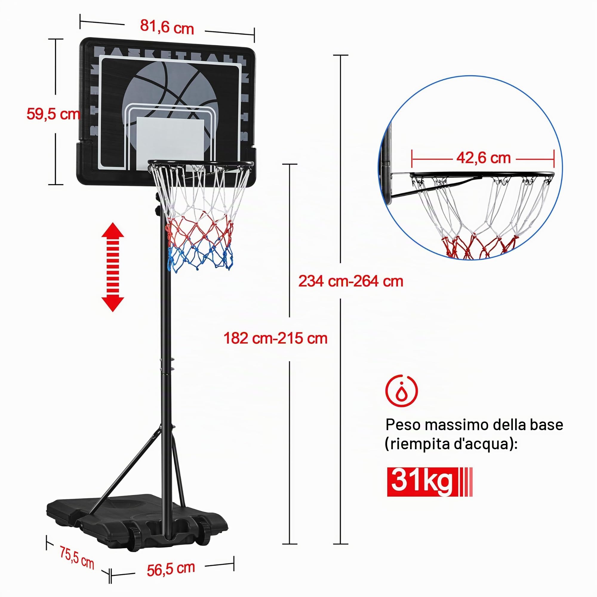 Yaheetech Canestro Basket Esterno Interno in HDPE e Metallo con Colonna Tabellone Canestro