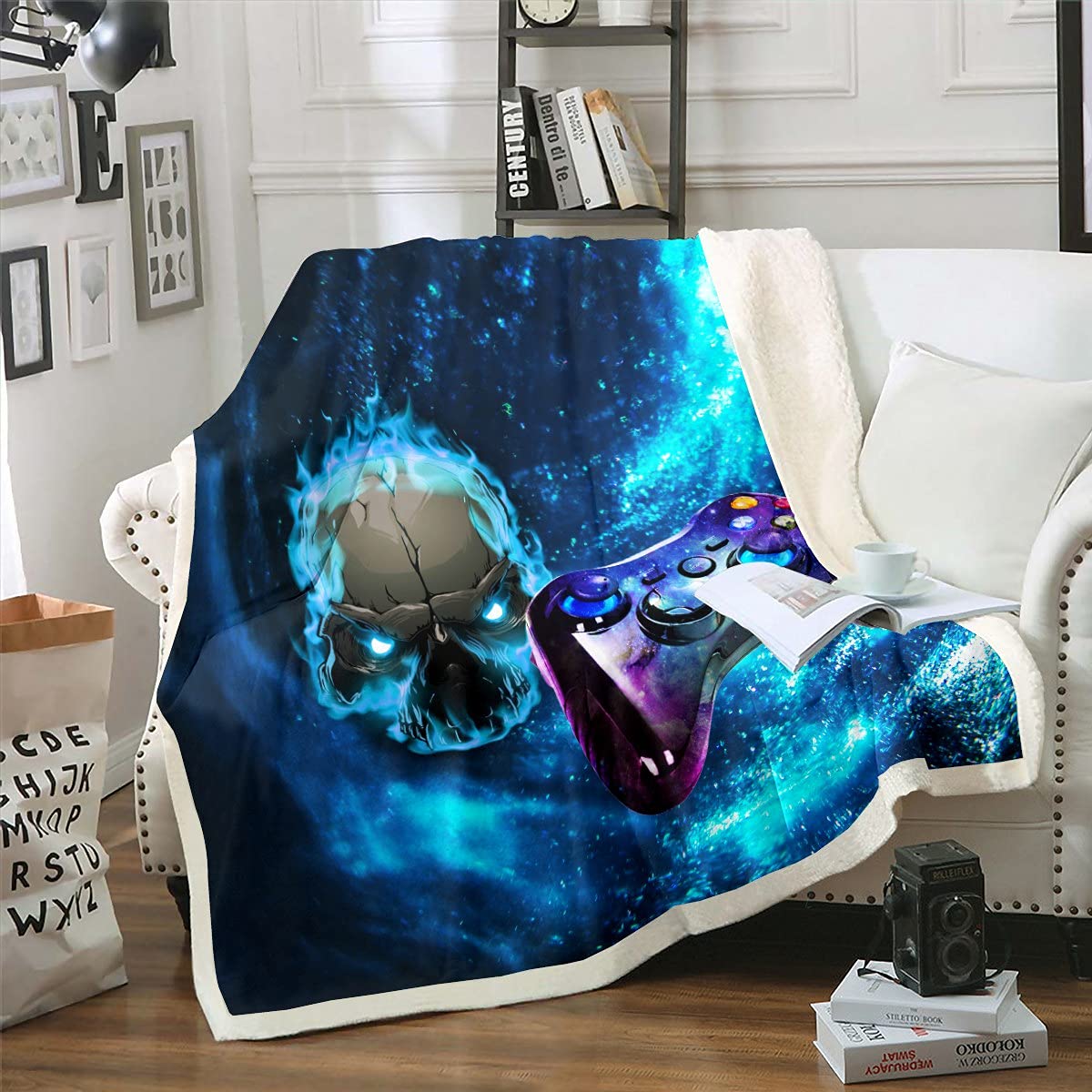 Loussiesd Gamer Sherpa Blanket Gaming Skull Fleece Throw Blanket for Bed Sofa Kids Video Game Skeleton Design Soft Gamepad Blue King 87x94 Inch — image 1
