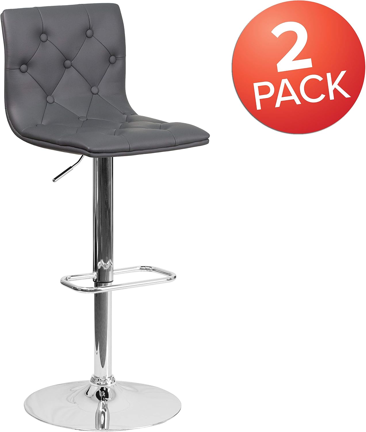 EMMA + OLIVER 2 Pack Contemporary Button Tufted Gray Vinyl Adjustable Barstool with Chrome Base