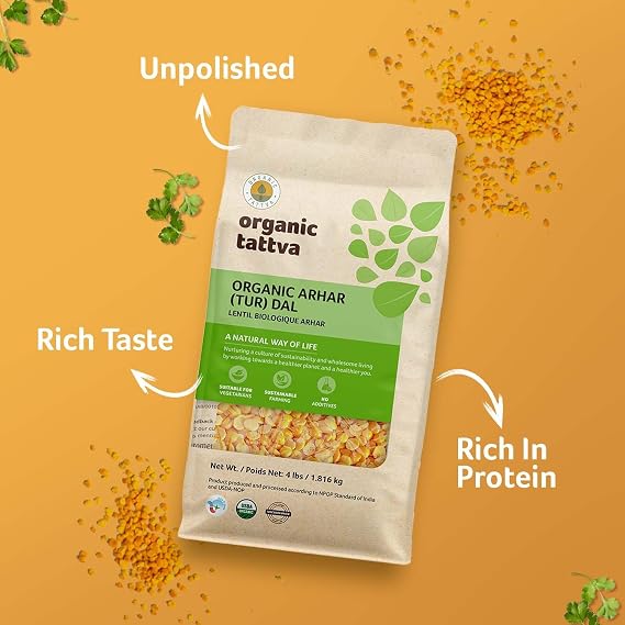 Organic Tattva Yellow Split Peas, 4 lbs, Toor Dal (Arhar), USDA Certified | Unpolished Tur Dal, Natural Plant Based Protein, Vegan, Kosher, No Additives, Ideal for Creamy Soups, Stews, Curries