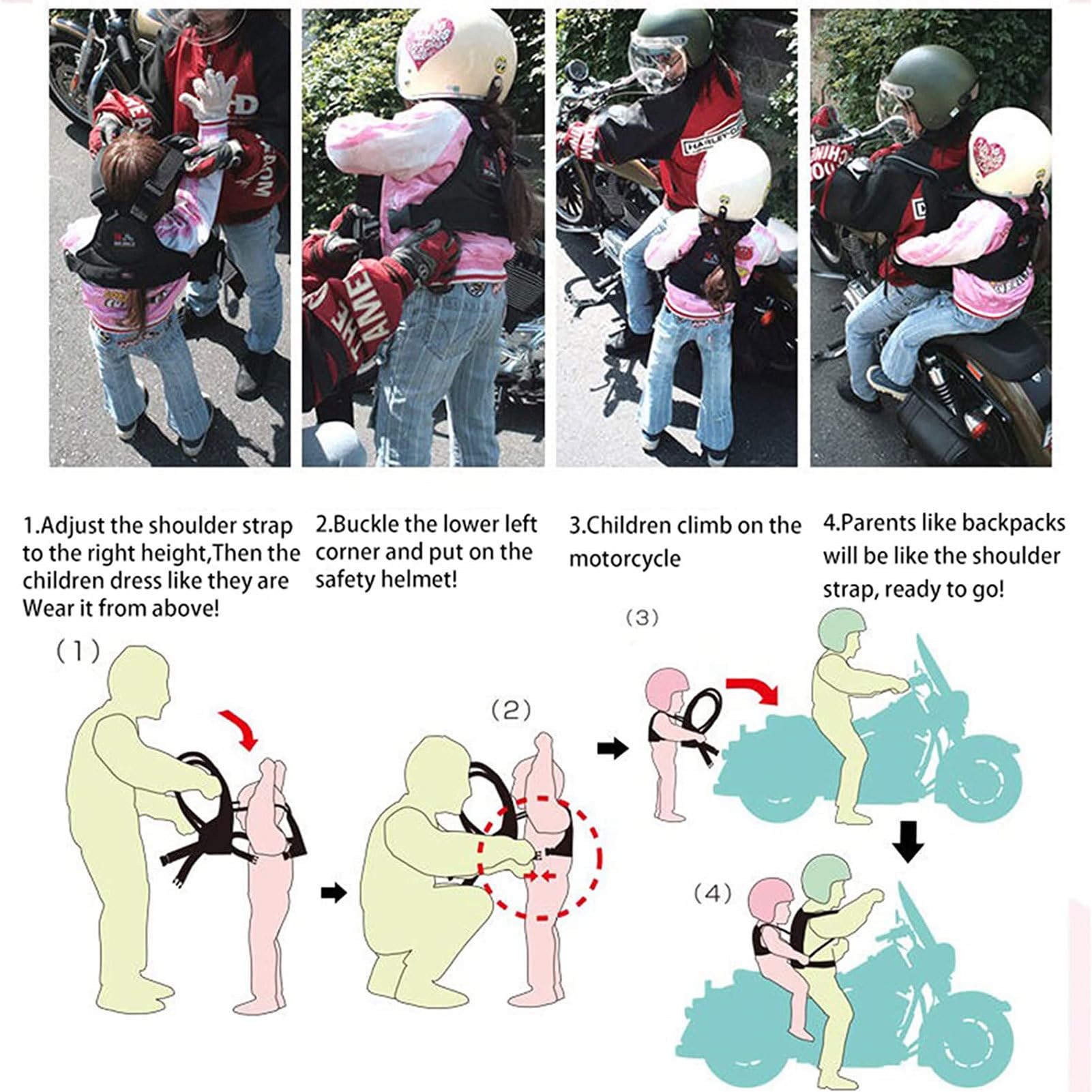 Cinturón de seguridad para moto infantil | Cinturón ajustable | para moto infantil con dos asas | Cinturón de seguridad MOTORCYCLé con 3 tiras reflectantes | Cinturón con vehículos eléctric