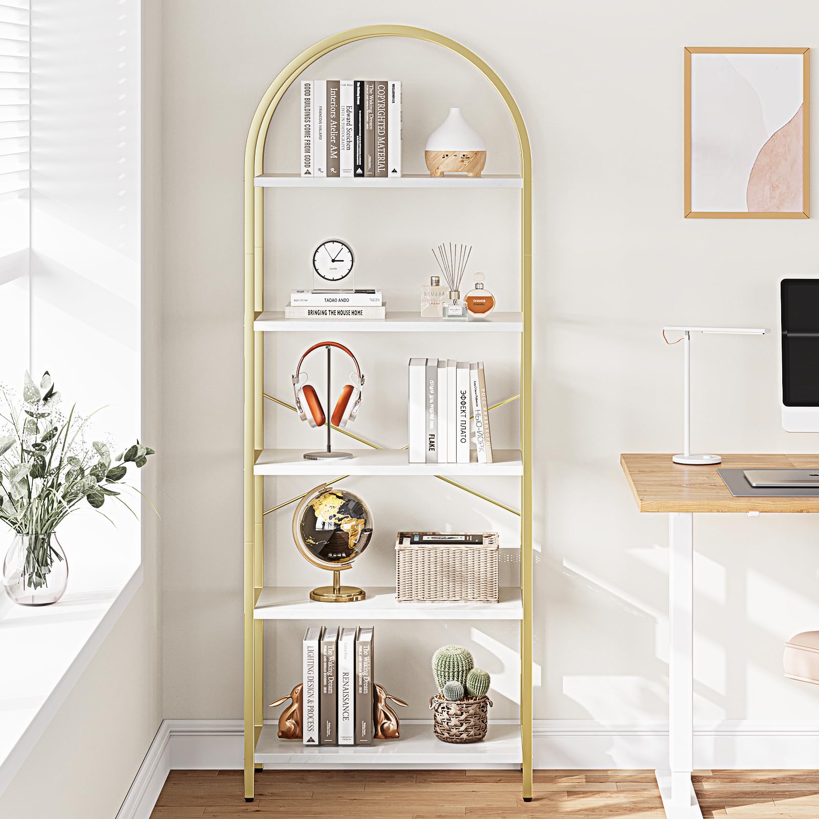 Libreria ad arco a 5 ripiani, alta 180 cm, con struttura in metallo dorato, scaffale autoportante in stile industriale per casa e ufficio.