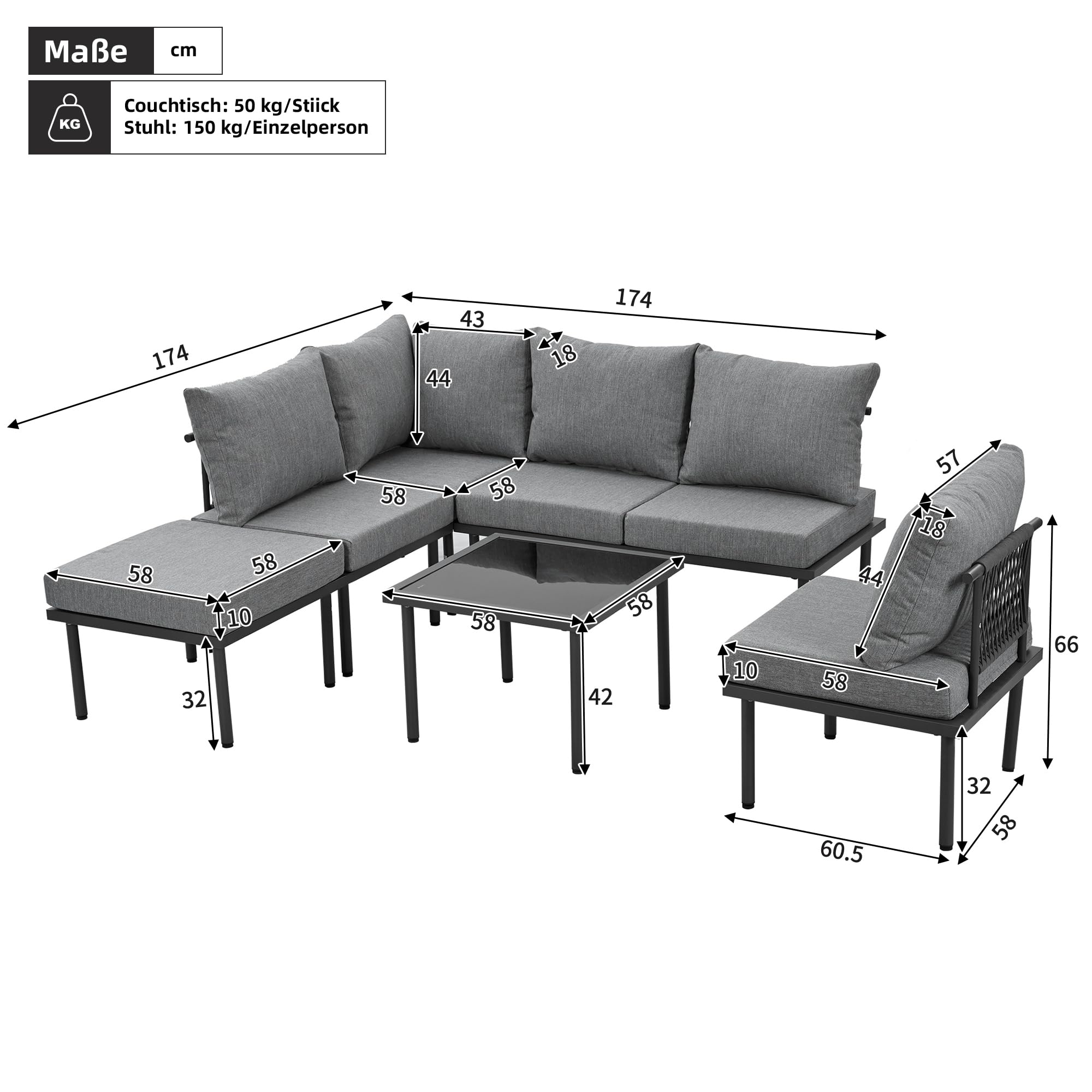 Zepneiy - Juego de 6 sillas de jardín para exteriores, conjunto de muebles de jardín, cuerda trenzada gris, patas ajustables, mesa de café de cristal, gris (cojines incluidos)