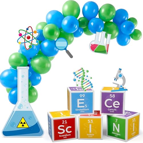 Kosiz 61 Pcs Science Party Decorations Kit, Green Blue Color | Scientist Party Supplies, with Balloons, 12 Inches Science Favors Boxes, Chemistry Laboratory Erlenmeyer Flask Prop Sign