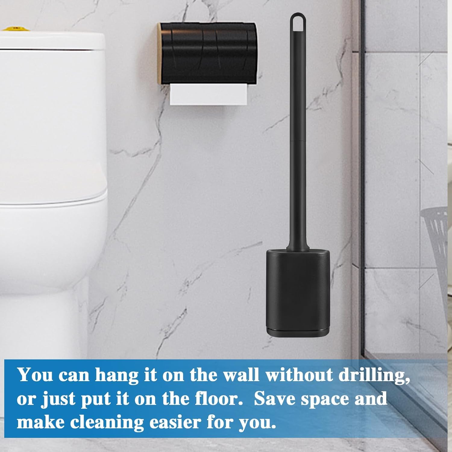 Scopino WC In Silicone Con Supporto Da Parete | Manico Antiruggine, Setole Morbide, Base Svuotata, Nero
