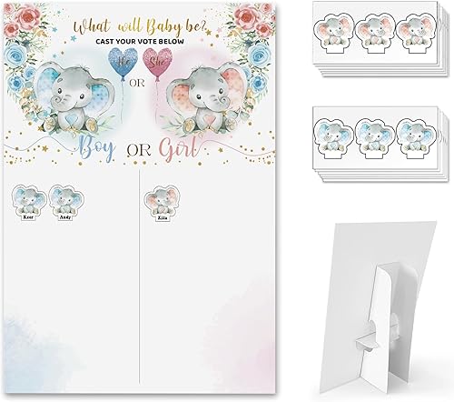 Tablero de revelación de género para bebés con soporte, 60 calcomanías de elefante para niños y niñas para invitados a fiestas, él o ella, juego de